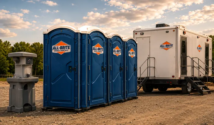 All-Brite portable restrooms, handwash station and restroom trailer on site